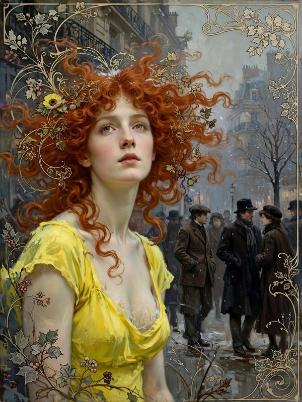 Art Nouveau portrait of a curly red-haired woman in a yellow dress against a snowy Parisian street