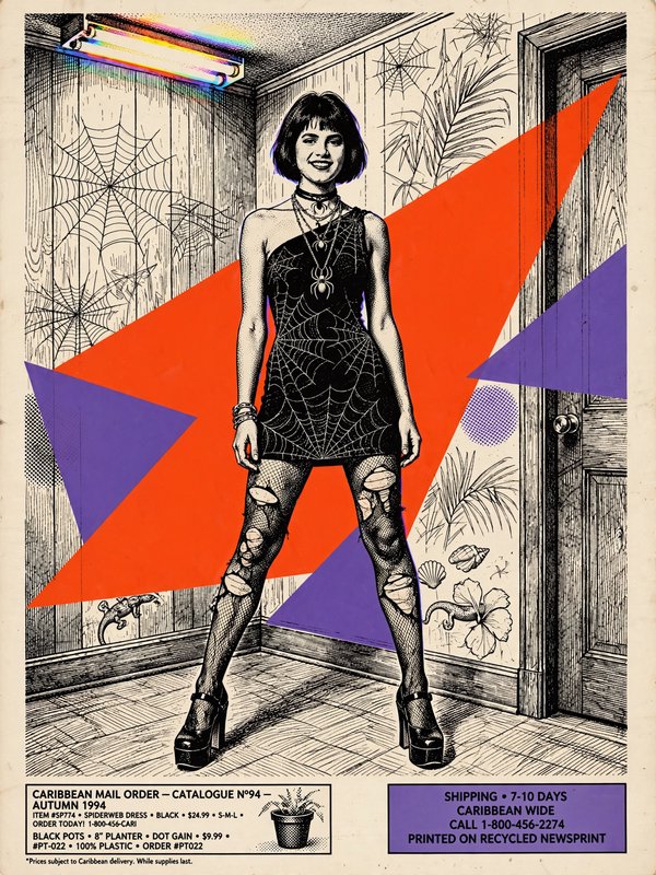 Smiling woman in a spiderweb mini dress stands on a retro 1994 mail order catalogue poster