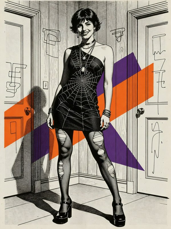 Smiling woman in a spiderweb print mini dress stands in a paneled entryway with bold pop art accents.