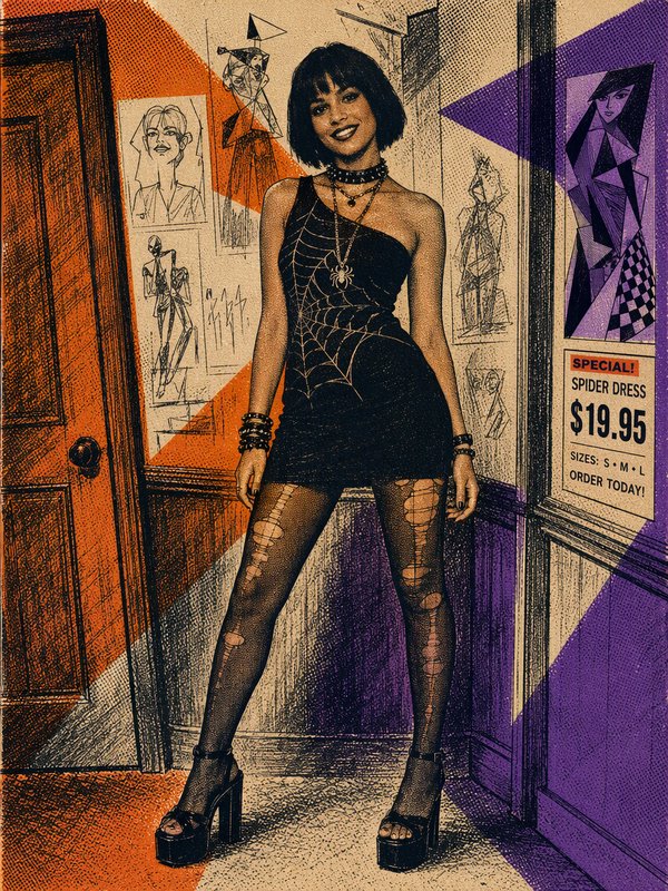 Smiling woman in a spider web mini dress poses in a retro illustrated fashion store hallway