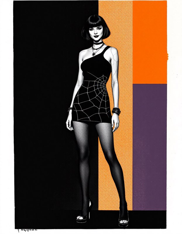Chic woman in spiderweb print mini dress poses against bold vertical color block background