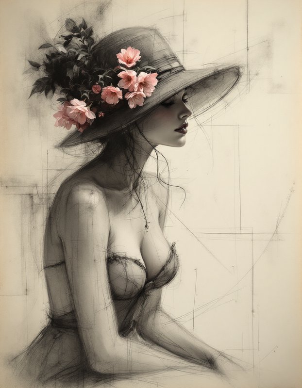 Profile portrait of a woman wearing a flower-adorned wide brim hat, drawn in charcoal