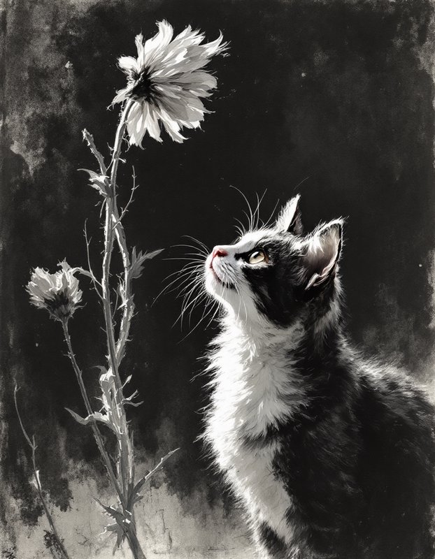 Fluffy black and white tuxedo cat gazing up at tall wild thistle blooms against a dark textured backdrop