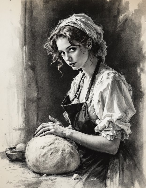 Charcoal portrait of a historical female baker resting her hands on a large ball of bread dough