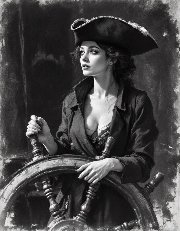Female pirate captain in a tricorn hat holds a wooden ship's wheel in a dramatic black and white portrait