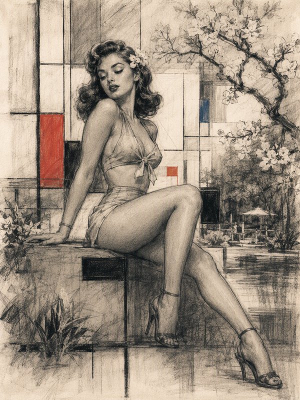 Vintage pinup woman in a retro swimsuit seated against a geometric background with flowering blossom branches