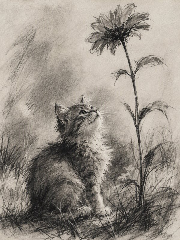 Fluffy long-haired kitten sits in tall grass looking up at a tall wildflower in a pencil sketch