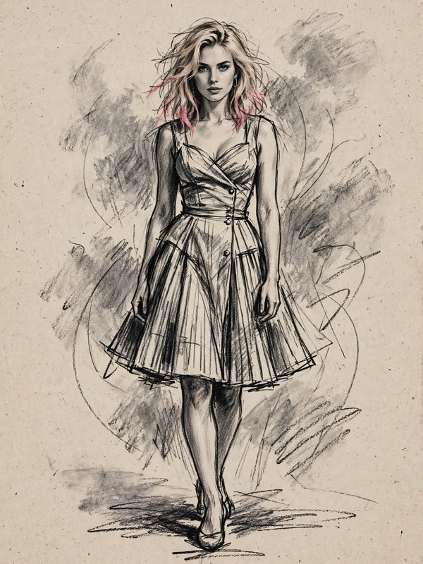 Pencil fashion sketch of a woman with pink-tipped blonde hair in a flared sleeveless dress walking forward
