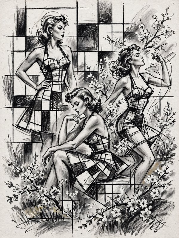 Pencil sketch of three 1950s styled women in plaid dresses posed among flowering cherry blossom branches