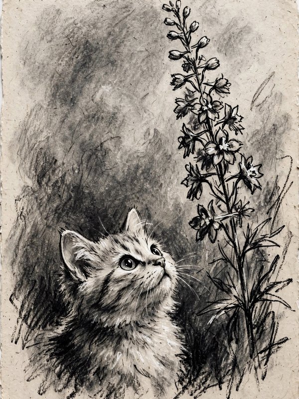 Wide-eyed fluffy tabby kitten gazing up at a tall larkspur flower stalk in charcoal sketch