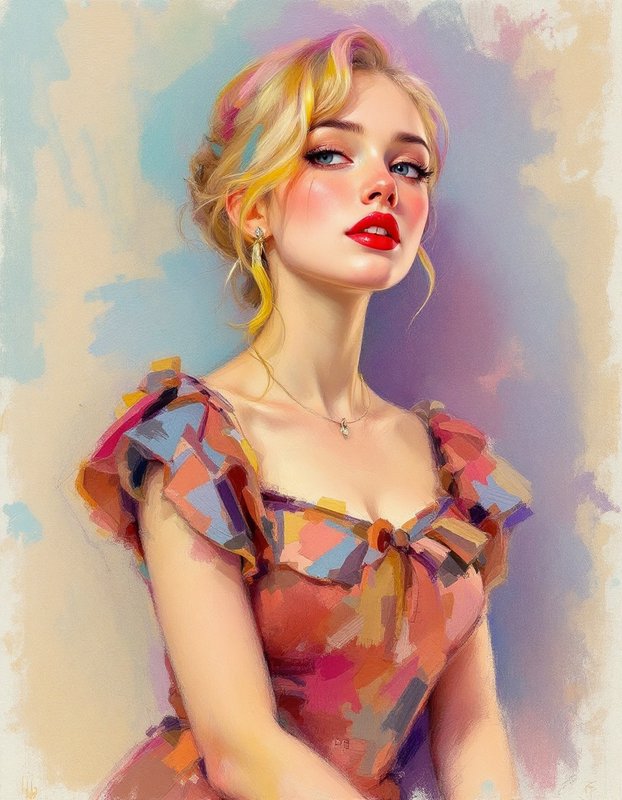 Painterly portrait of an elegant blonde woman in a colorful ruffled dress against a soft pastel background