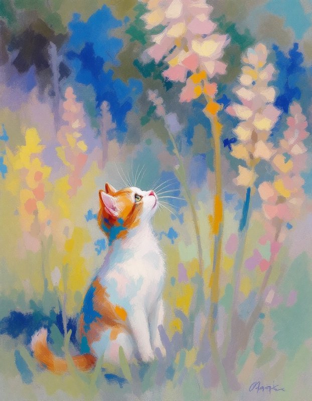 Orange and white kitten sits in a pastel wildflower garden, gazing up at tall spiky blooms