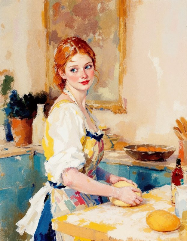 Young red-haired woman kneads dough at a kitchen table in a warm impressionist portrait