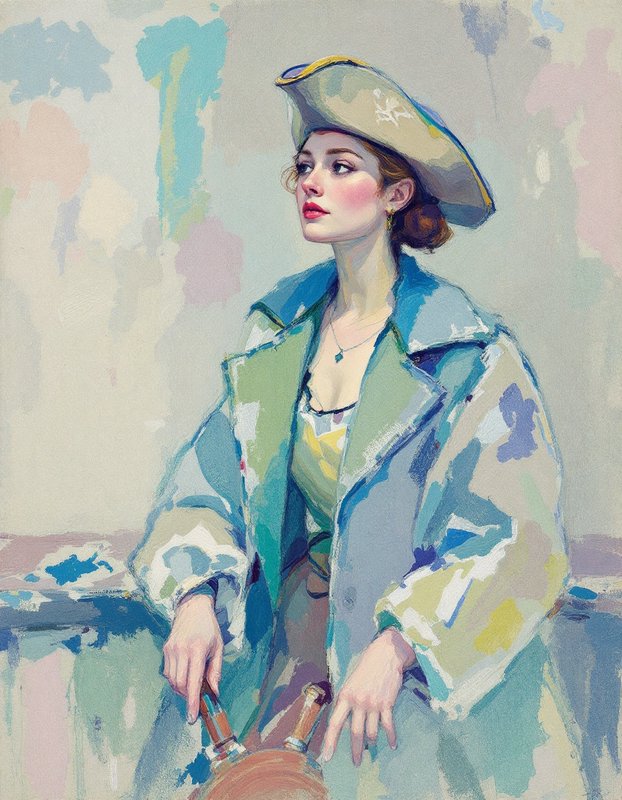 Impressionist portrait of an elegant woman in a tricorn hat holding a ship's wheel