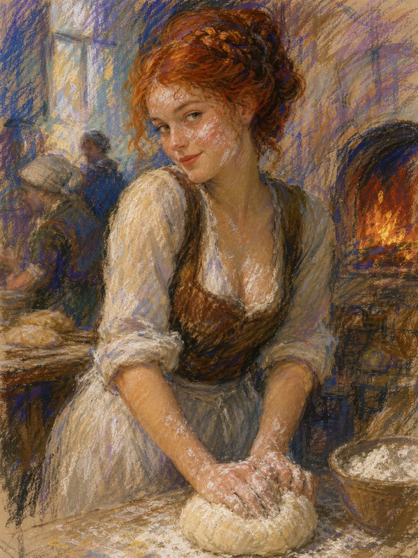 Smiling red-haired young baker kneading flour-dusted dough in a warm sunlit bakery