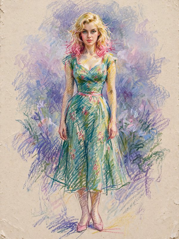 Pastel portrait of a woman with pink-tipped blonde hair in a green floral dress standing against soft purple foliage