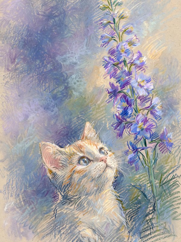Fluffy ginger kitten gazes upward at tall purple delphinium flowers in a soft pastel illustration