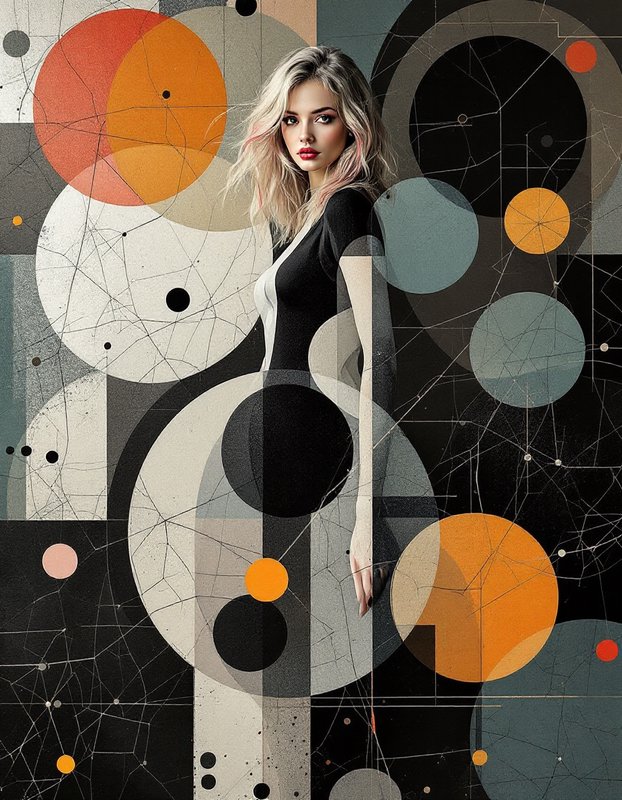Stylized portrait of a blonde woman against a geometric abstract bauhaus art background