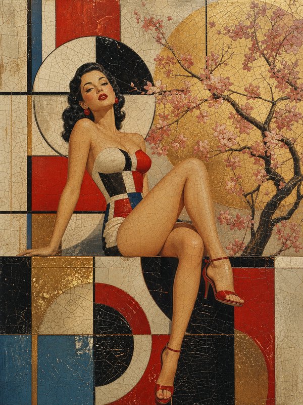 Glamorous retro pinup woman sits beside cherry blossom against a geometric mosaic cubist backdrop