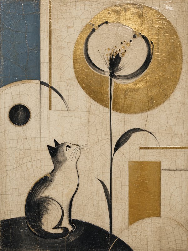Stylized sitting cat gazes upward at a tall flower beneath a gilded circular sun on crackled vintage artwork