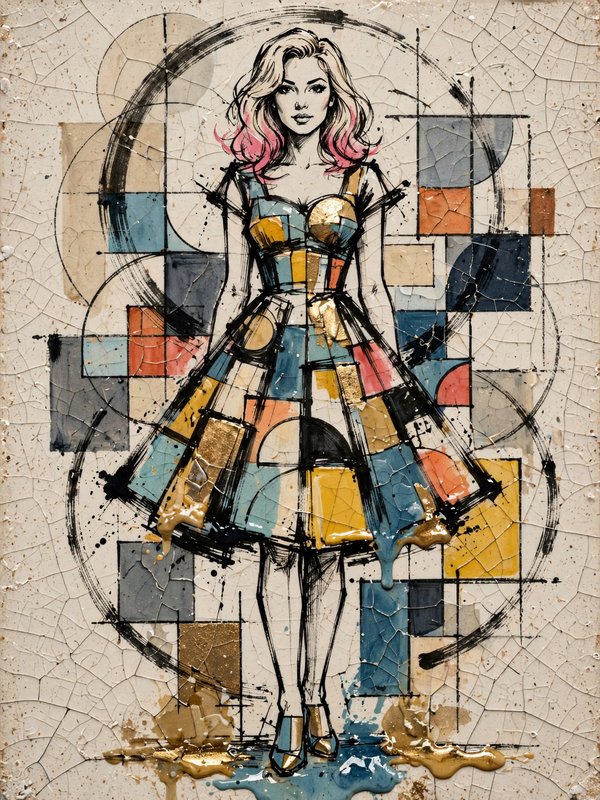 Fashion illustration of a woman with pink-tipped hair in a cubist geometric patchwork dress
