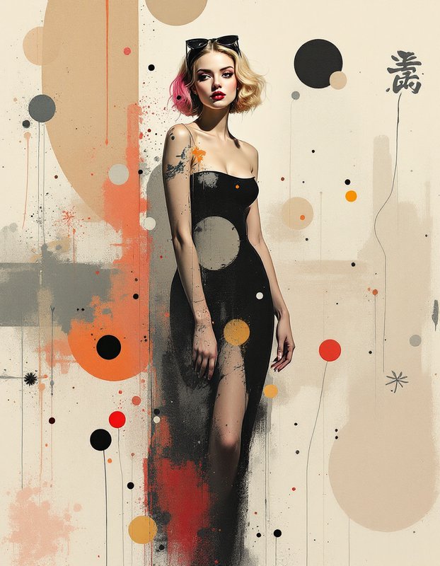 Fashion model with pink hair streak in a black gown stands against abstract geometric mixed media artwork