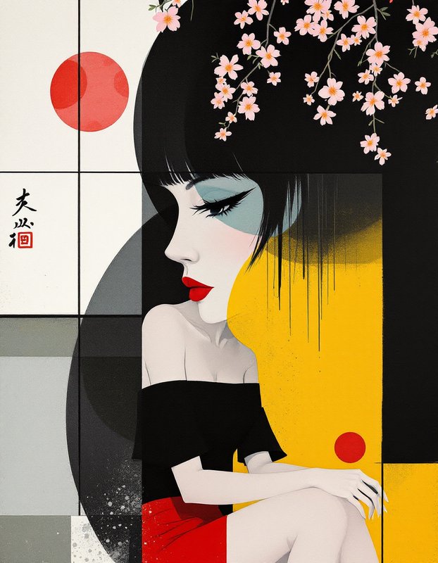 Stylized profile portrait of a woman with short black hair and cherry blossom accents against a geometric East Asian