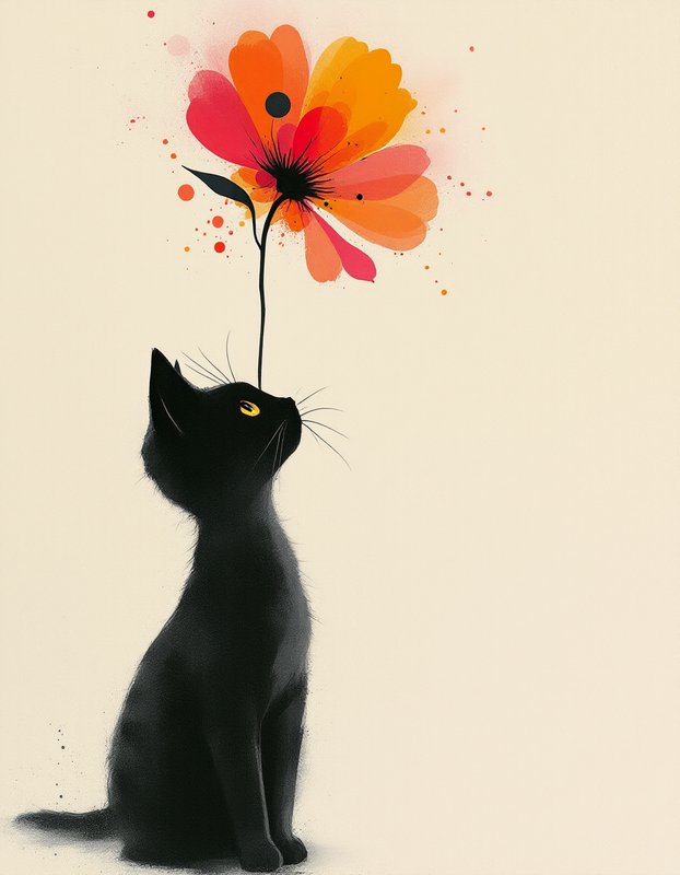 Seated black cat with bright yellow eyes gazes up at a gradient red and orange flower above its head.