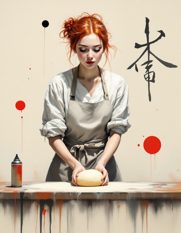 Red-haired baker kneads fresh dough at a floured worktable against an abstract painted beige wall