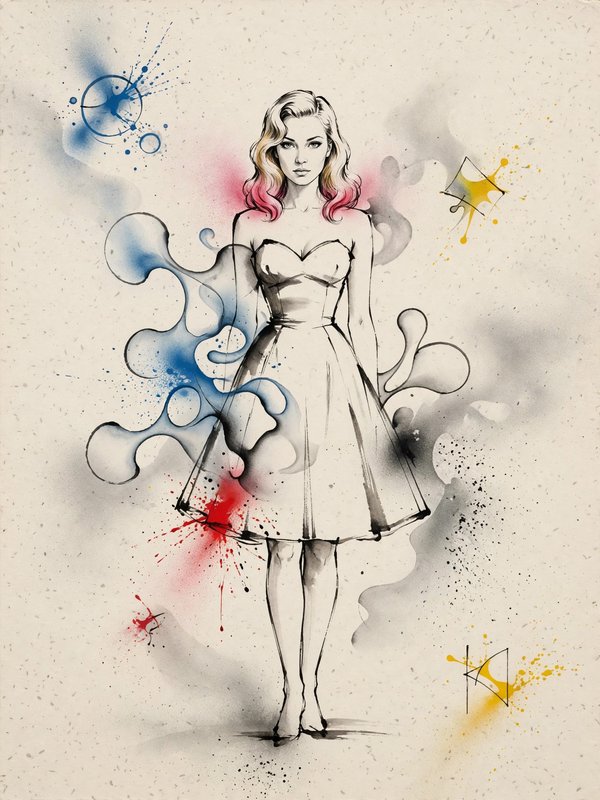 Stylized ink sketch of a woman with pink-tipped hair in a strapless dress surrounded by colorful paint splatters