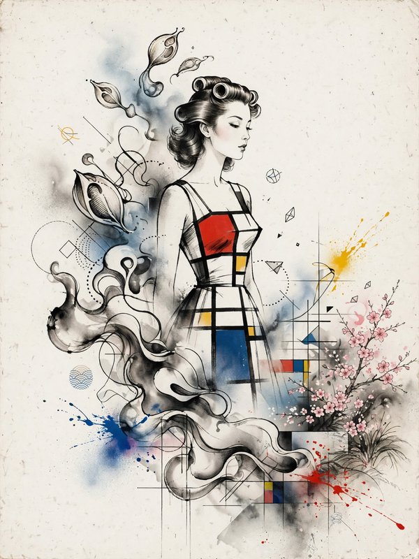 Elegant vintage woman in a Mondrian grid dress surrounded by abstract ink, geometric sketches, and cherry blossom accents