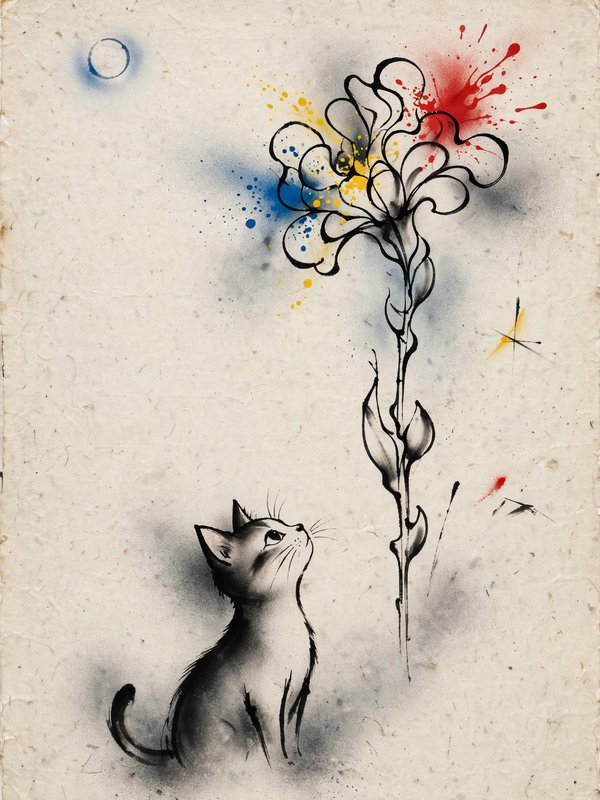 Ink wash kitten sitting and looking up at a tall stylized flower on textured vintage paper