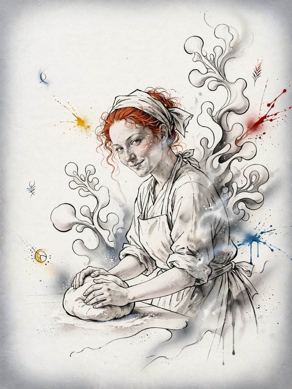 Smiling red-haired female baker kneads bread dough in a whimsical ink illustration