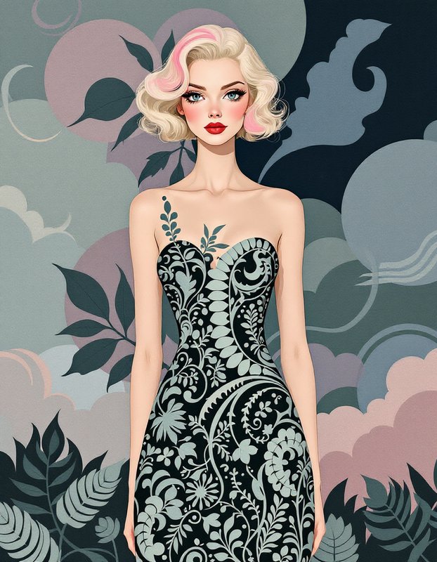 Stylized portrait of a glamorous blonde woman with pink hair streaks wearing an ornate floral strapless gown