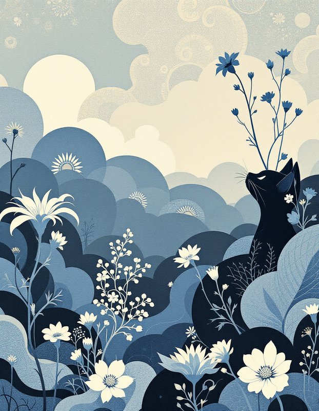 Stylized black cat nestled in a dreamy blue wildflower landscape with swirling decorative clouds
