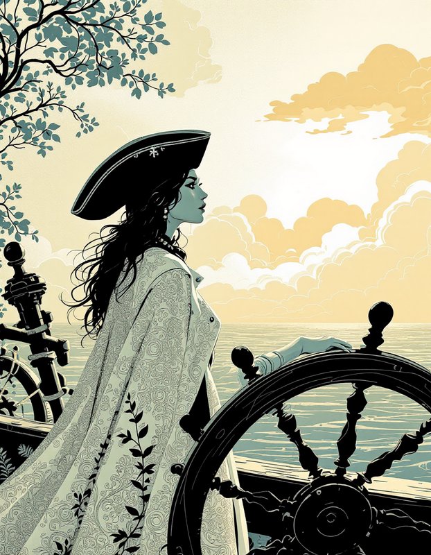 Female pirate captain at a ship's wheel gazing out over a calm sunlit ocean