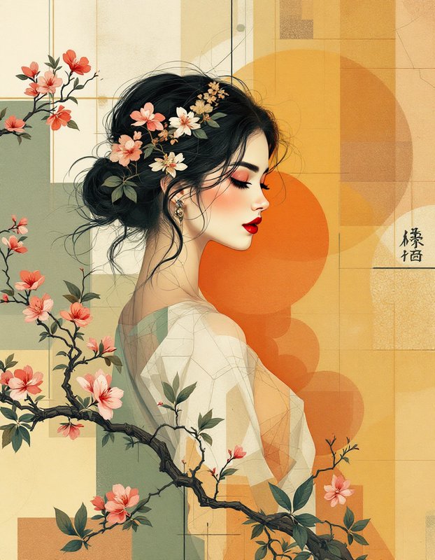 Elegant profile portrait of a woman with cherry blossom hair beside a blooming sakura branch against a warm geometric