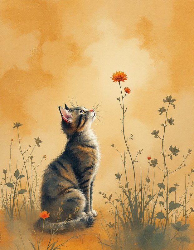 Fluffy striped tabby cat sitting among wild foliage, looking up at orange wildflowers against a soft golden background