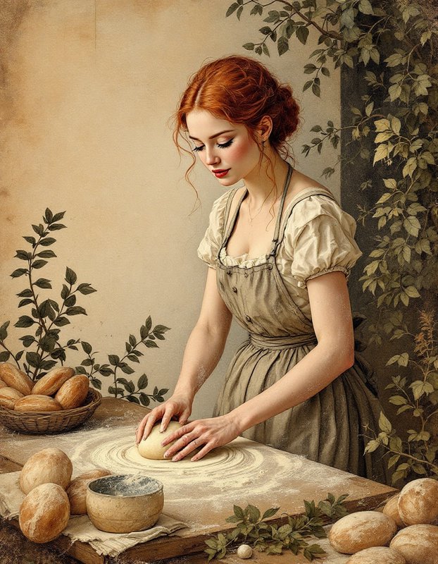 Red haired woman in a vintage linen apron kneads bread dough on a floured rustic baking table