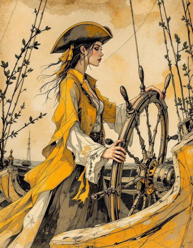 Female pirate captain in a yellow coat steers her sailing ship at the wooden helm