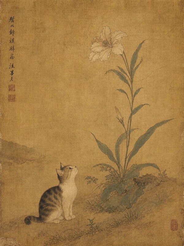 Striped tabby kitten sits gazing up at a tall pale lily flower on an antique Chinese silk scroll