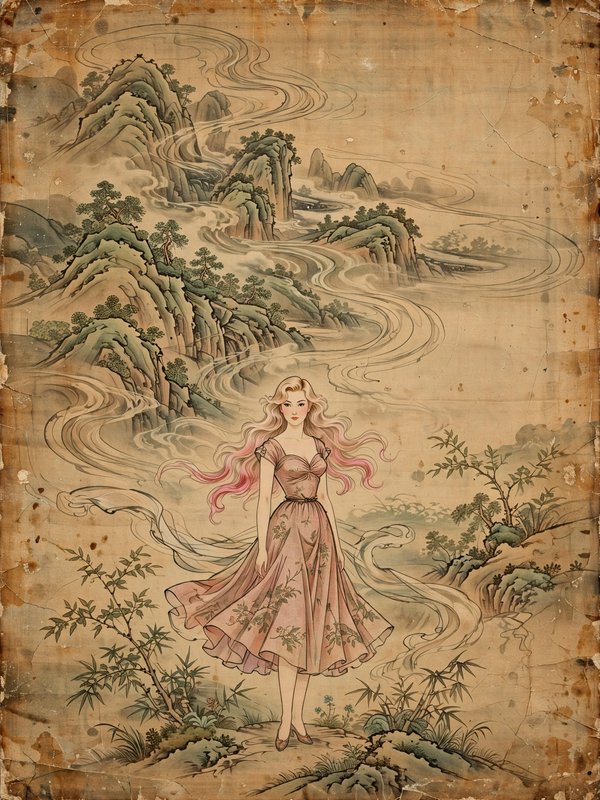 Woman with long pink-tinged blonde hair in a floral pink dress stands atop an aged traditional landscape scroll