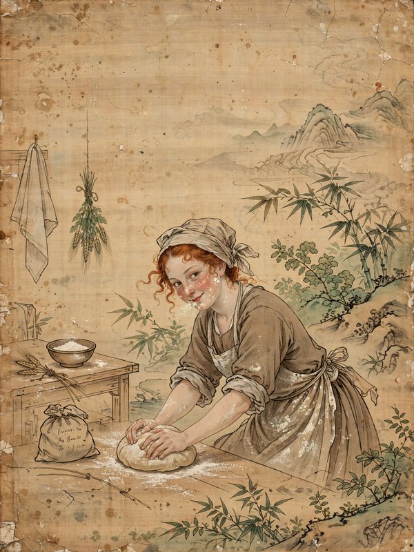Smiling red-haired baker kneads bread dough on an aged East Asian style painted scroll