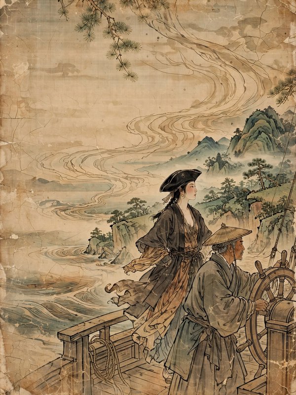 Aged East Asian scroll painting of two figures aboard a ship navigating a misty mountain river landscape
