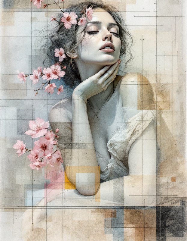 Serene closed-eyed woman with pink cherry blossom branches woven in her hair rests her chin on her hand