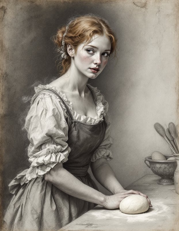 Young redheaded historical maid shaping bread dough at a floured kitchen work table