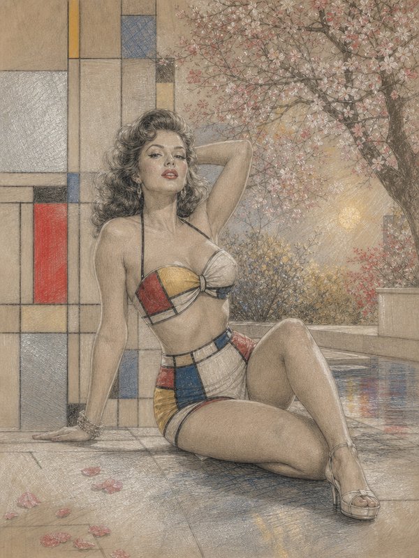 Retro pinup woman in a Mondrian pattern swimsuit seated on a tiled cherry blossom terrace