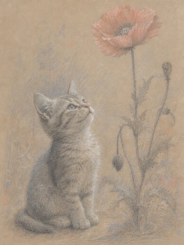 Fluffy tabby kitten sitting beside a tall pink poppy, gazing up at the open flower