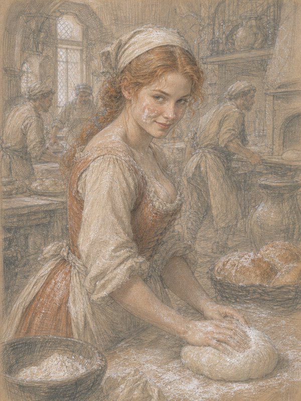 Young red-haired baker kneads bread dough in a cozy historic village bakery