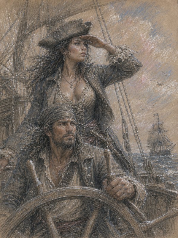 Female pirate captain scans the horizon while a helmsman steers their tall sailing ship on the open sea